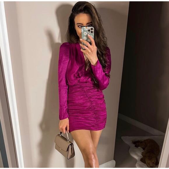 ZARA BLOGGER FAVORITE SATIN EFFECT PRINT DRESS FUCHSIA - Picture 9 of 14